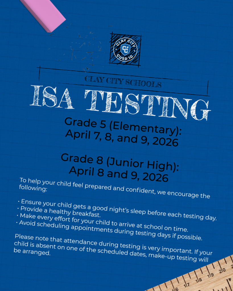 The Illinois Science Assessment will be held on the following days: 5th Grade will be on April 7, 8, and 9 8th Grade will be on April 8 and 9 Please be sure your child has breakfast and is well rested before the exams.