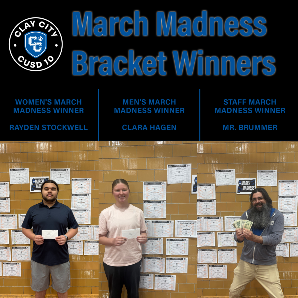 The school loves to get into some March Madness fun! This year the winners were as follows: • Rayden Stockwell won the Women’s March Madness • Clara Hagen won the Men’s March Madness • Mr. Brummer won the Staff March Madness Congratulations to the winners!