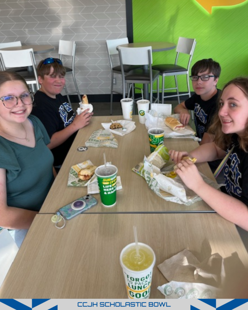 The CCJH Scholastic Bowl team celebrated the end of the season at Subway yesterday after the conference tournament in Fairfield! Pictured from left to right is Claira O., Colson B., Arias W., and Katelyn B. (not pictured Jacob B., Finley F., and Delaney M.).