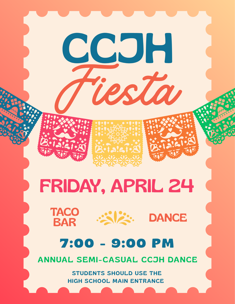 It’s time to celebrate! We are excited to invite our students to the Clay City Junior High Fiesta Spring Dance. Please find the event details below: • When: Friday, April 24, 2026 • Time: 7:00 PM – 9:00 PM • Location: Clay City High School Gym (Please use the high school main entrance for drop-off/pick-up and entry). • Food: A taco bar will be provided for all students to enjoy. • Dress Code: Semi-casual.