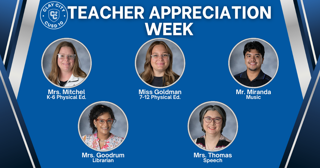Mrs. Mitchel - K-6 PE, Miss Goldman - 7-12 PE,  Mr. Miranda - Music, Mrs. Goodrum - Library, Mrs. Thomas - Speech