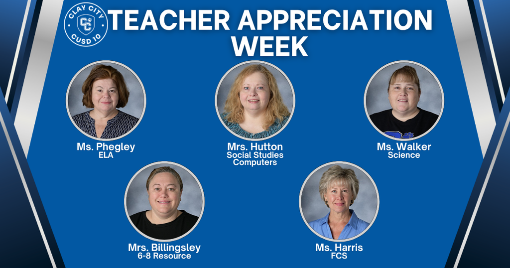 Ms. Phegley - JH ELA, Mrs. Hutton - JH SS and Computers, Ms. Walker - JH Math & Science, Mrs. Billingsley - 6-8 Resource, Ms. Harris - JH/HS FCS