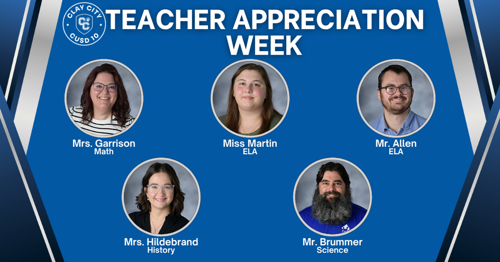 Mrs. Garrison - Math, Miss Martin - ELA, Mr. Allen - ELA, Mrs. Hildebrand - History, Mr. Brummer - Science