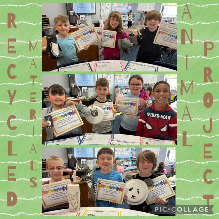 Mrs. Klein’s second graders wrapped up their  recycling unit just in time for Earth Day by creating mini animal posters and 3D replicas from recycled materials! ♻️🌎