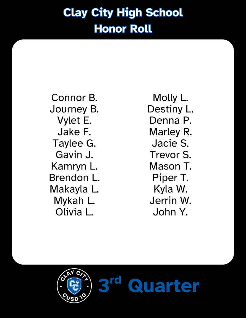 Clay City CUSD #10 would like to announce its third quarter high honor, honor, and perfect attendance students. Congratulations to these students!