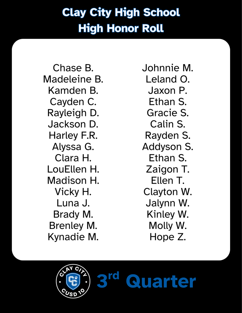 Clay City CUSD #10 would like to announce its third quarter high honor, honor, and perfect attendance students. Congratulations to these students!