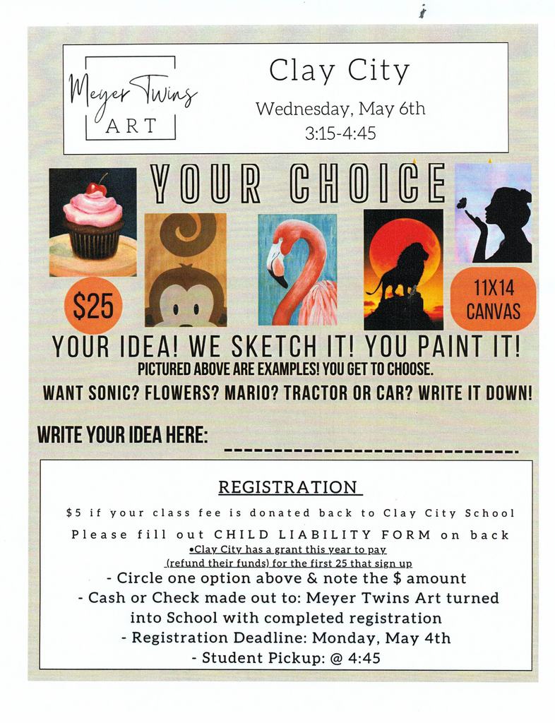 Meyer Art will be here on Wednesday, May 6th. Registration forms have already been sent home and need returned to the school by May 4th. If you have any questions or concerns, please reach out to the office at 618-676-1431.