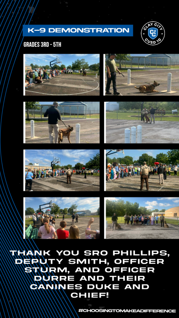 On April 29, SRO Phillips along with Deputy Trevin Smith and Officer Robert Sturm Clay County Sheriff's office and Officer Luke Durre Flora PD stopped by to give our third through fifth grade students a K-9 demonstration. CCSO's and Flora PD's canines Duke and Chief showed the students how they sniff out illegal substances. Additionally, Officer Sturm stood in to show students how a canine apprehends an individual. The students had many questions for the officers following the demonstration. This event was a part of Mrs. Kuenstler's fifth grade class's DARE program as they look to their DARE graduation next week. Thank you to the officers, canines, and their agencies for coming and showing our students how they handle and work with the canines.
