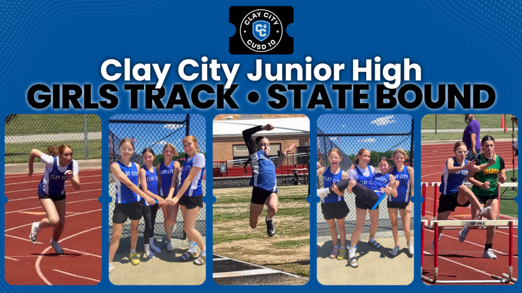 CCJH Girls Track - Varsity are STATE BOUND! Representing CCJH in the varsity 4x200 will be Finley Flexter, Avery Henderson, Hadley Mitchel, and Jocelyn Thompson with Delaney Martin as an alternate. Additionally, Hadley Mitchel will also be competing in varsity hurdles and 7th grade 100 meter and Finley Flexter will be competing in the long jump. Congratulations girls, and best of luck at state!