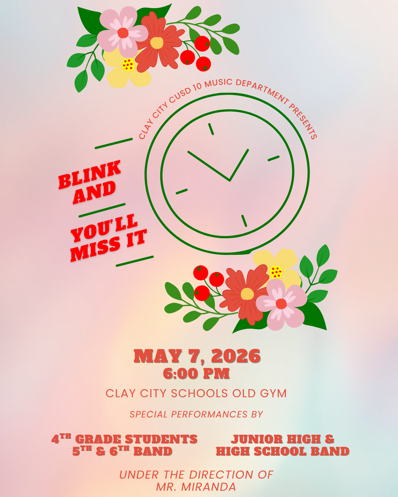 Clay City Bands invites you to their spring concert on Thursday, May 7. The performances will be held in the Old Gym, beginning at 6:00 PM. 