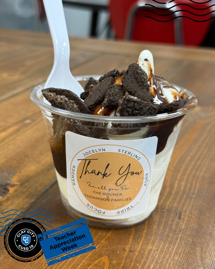 Thank you to the Bruner and Thompson families for the ice cream sundae bar for Teacher Appreciation Week! The staff is grateful for your kindness and the sweet treat.