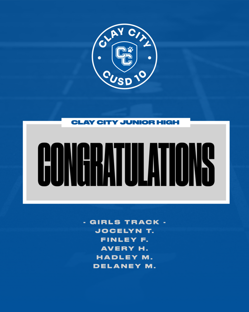 Clay City Junior High Girls Track competed in state competition on Saturday, May 9. CCJH sent eighth grader Jocelyn T. and sixth graders Finley F., Avery H., Hadley M., and Delaney M. (alternate) to compete in a number of events. The 4x200 relay team consisting of Jocelyn T., Finley F., Avery H., and Hadley M. finished 8th with a time of 1:59.51. Hadley M. finished 6th in hurdles at 17.65s and 15th in the 7th grade 100m at 14.37s. Finley F. finished in 14th with a long jump distance of 13’ 6”. Clay City is so incredibly proud!