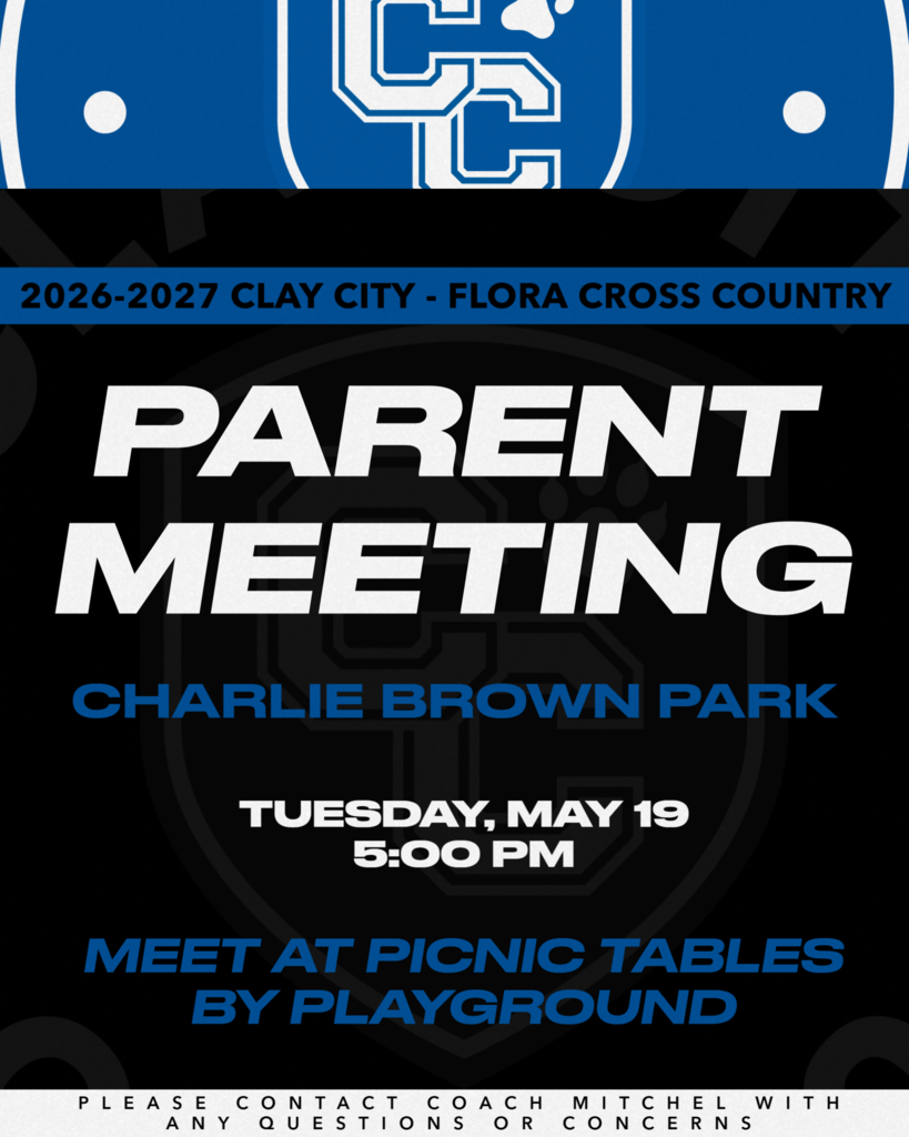 Clay City - Flora Co-op Cross Country will have a parent meeting at Charlie Brown Park at the picnic tables by the playground on Tuesday, May 19 at 5:00 PM. Please contact Coach Mitchel at 618-676-1431 if you have any questions or concerns.