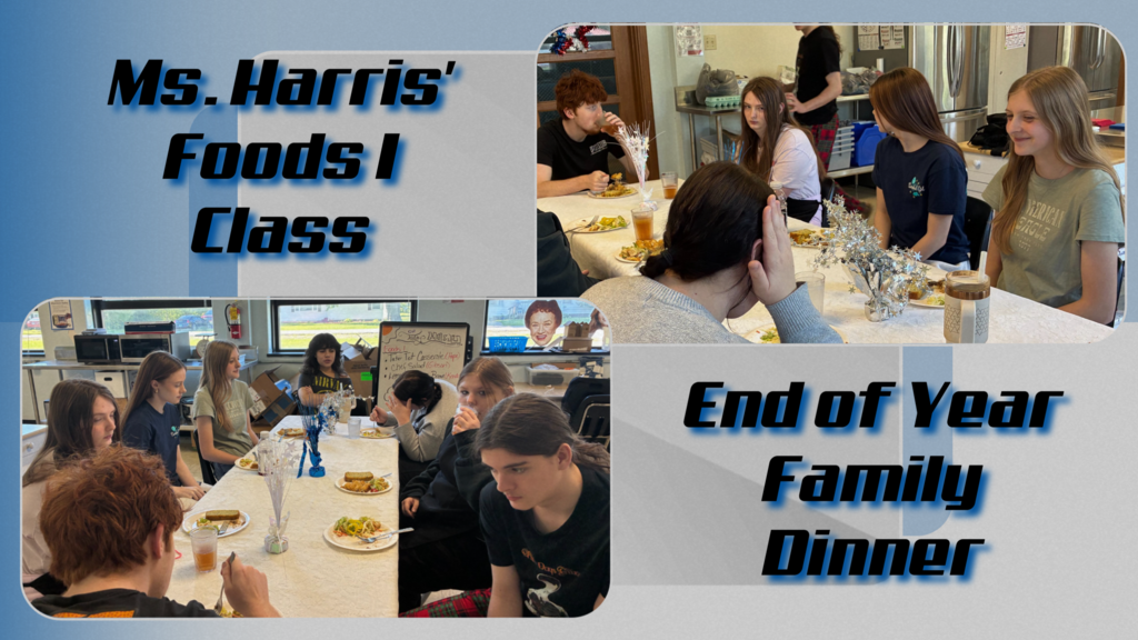 Ms. Harris' Foods I class had a family meal to celebrate the end of the year.  The students have done a great job this year and have learned many things in the class. The following dishes were prepared by these student head chefs: - Tater Tot Casserole: Head Chef, Hope Zuber - Chef Salad: Head Chef, Gibson Schofield - Lemon Zucchini Bread: Head Chef, Makenzi Bannister.