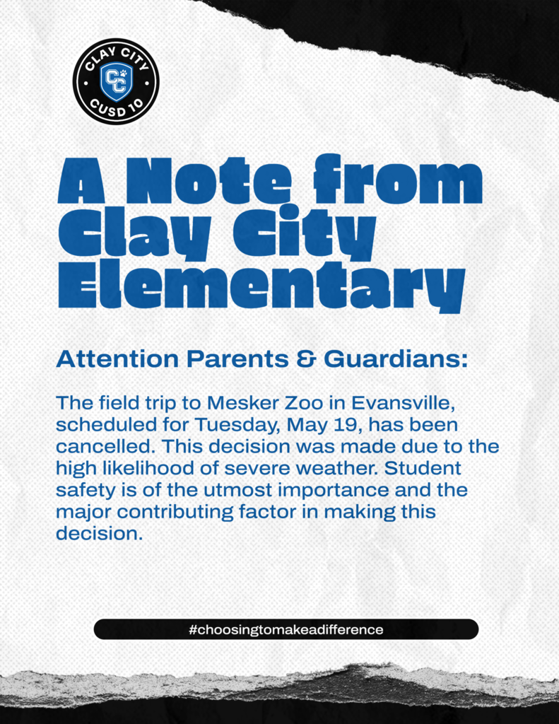 ‼️ATTENTION CCES PARENTS ‼️ The field trip to Mesker Zoo in Evansville, scheduled for Tuesday, May 19, has been cancelled. This decision was made due to the high likelihood of severe weather. Student safety is of the utmost importance and the major contributing factor in making this decision.