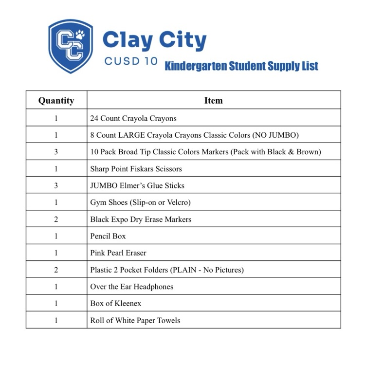 Here are the 2026-2027 school supply lists for Clay City CUSD 10 students.