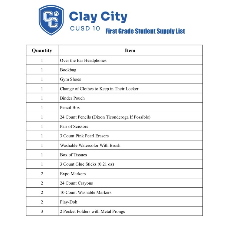 Here are the 2026-2027 school supply lists for Clay City CUSD 10 students.
