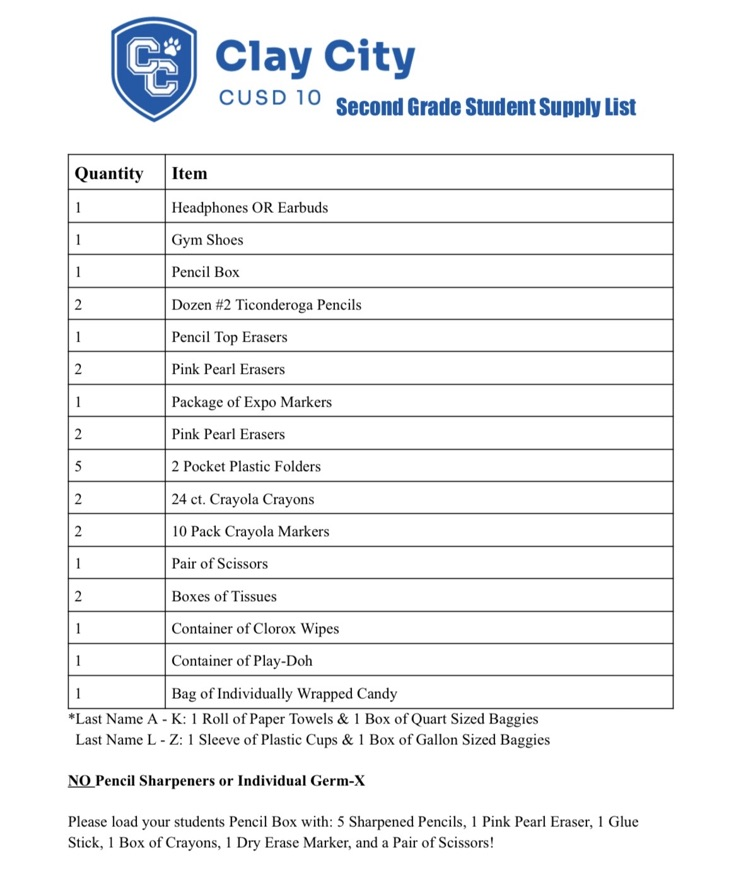 Here are the 2026-2027 school supply lists for Clay City CUSD 10 students.