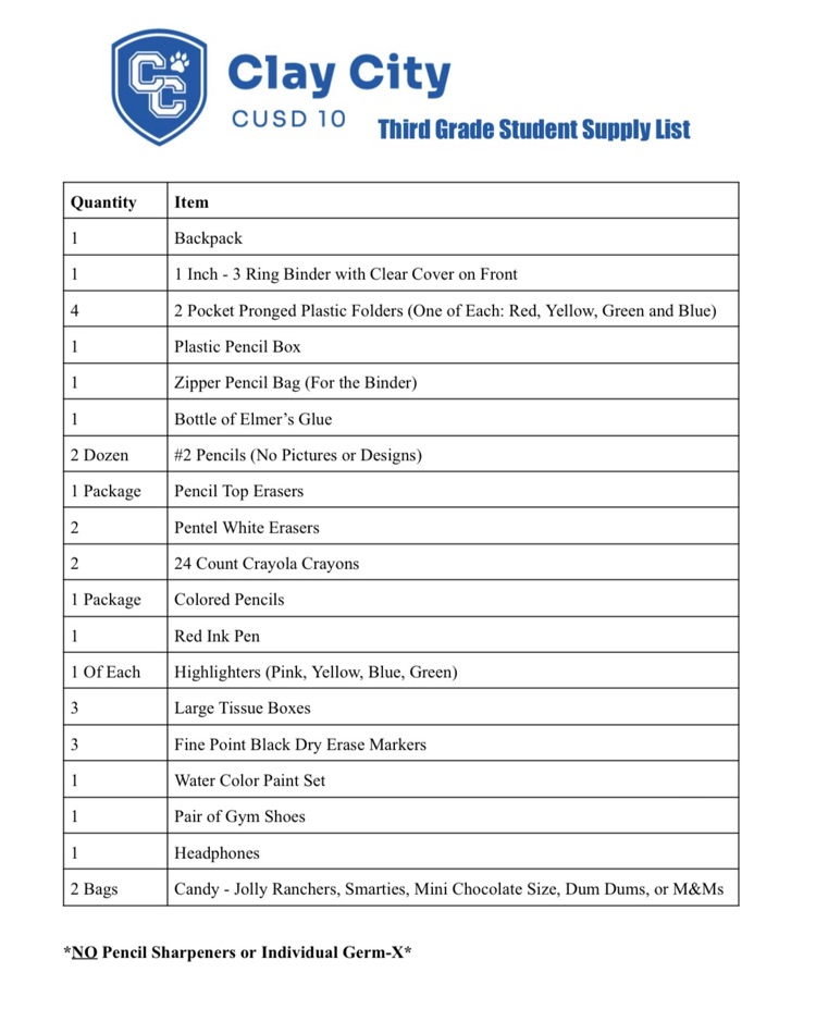 Here are the 2026-2027 school supply lists for Clay City CUSD 10 students.