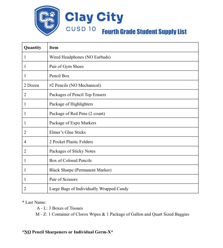 Here are the 2026-2027 school supply lists for Clay City CUSD 10 students.