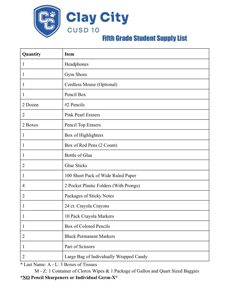 Here are the 2026-2027 school supply lists for Clay City CUSD 10 students.