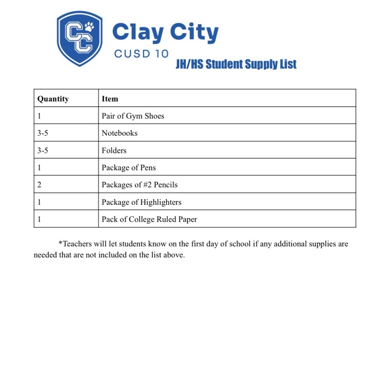 Here are the 2026-2027 school supply lists for Clay City CUSD 10 students.