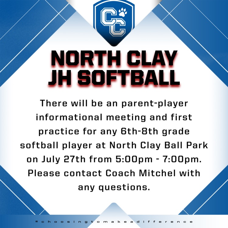 There will be an parent-player informational meeting and first practice for any 6th-8th grade softball player at North Clay Ball Park on July 27th from 5:00pm - 7:00pm. Please contact Coach Mitchel with any questions.