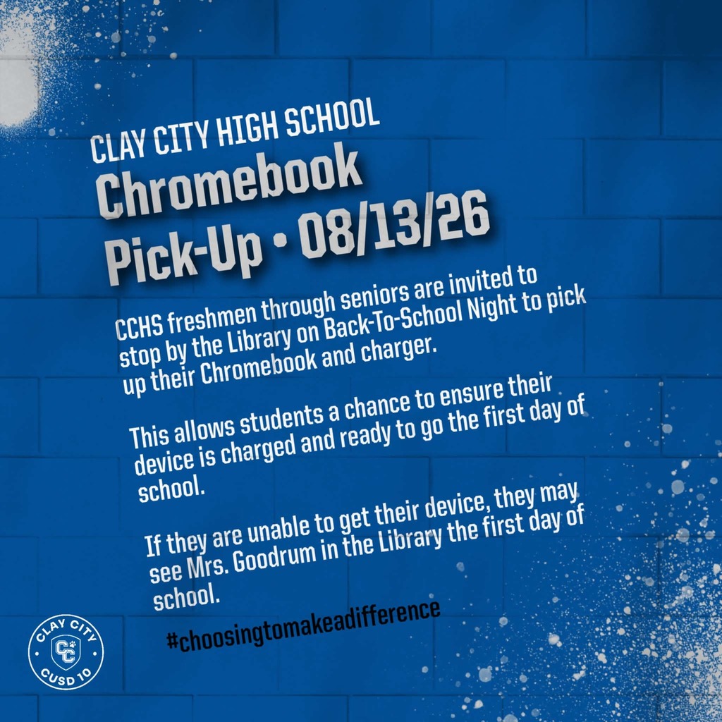 CCHS students will be able to pick up their Chromebook and charger in the Library during Back-To-School Night on Thursday, August 13 from 6:00-7:30 PM. If students are unable to come that evening, they may see Mrs. Goodrum in the Library Friday morning to retrieve their devices.
