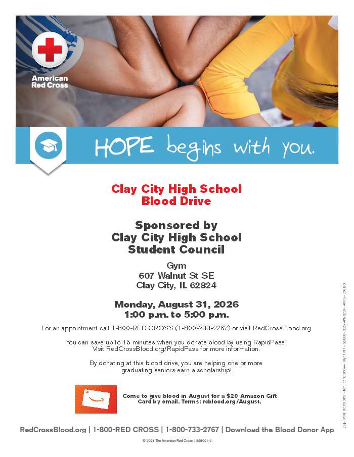 CCHS Student Council will be hosting a blood drive on Monday, August 31. The drive will be held in the new gym from 1:00-5:00pm.