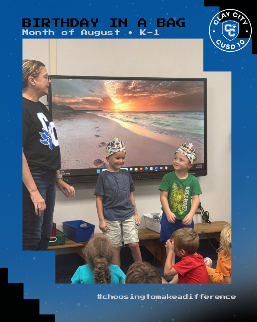 Kindergarteners and first graders held their monthly birtday celebration - Birthday In A Bag. Here, two of Mrs. Yates' kindergarteners celebrate their August birthdays with their classroom friends.