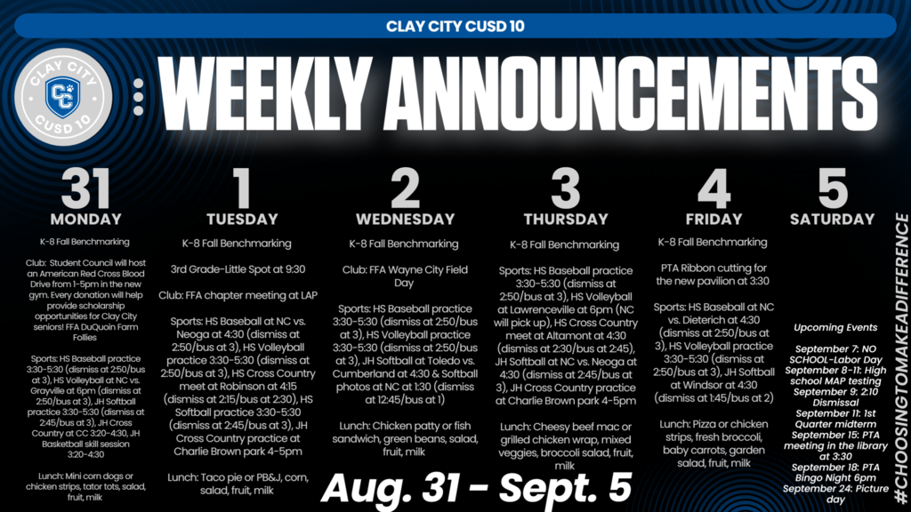 Weekly Announcements • Aug. 31 - Sept. 5