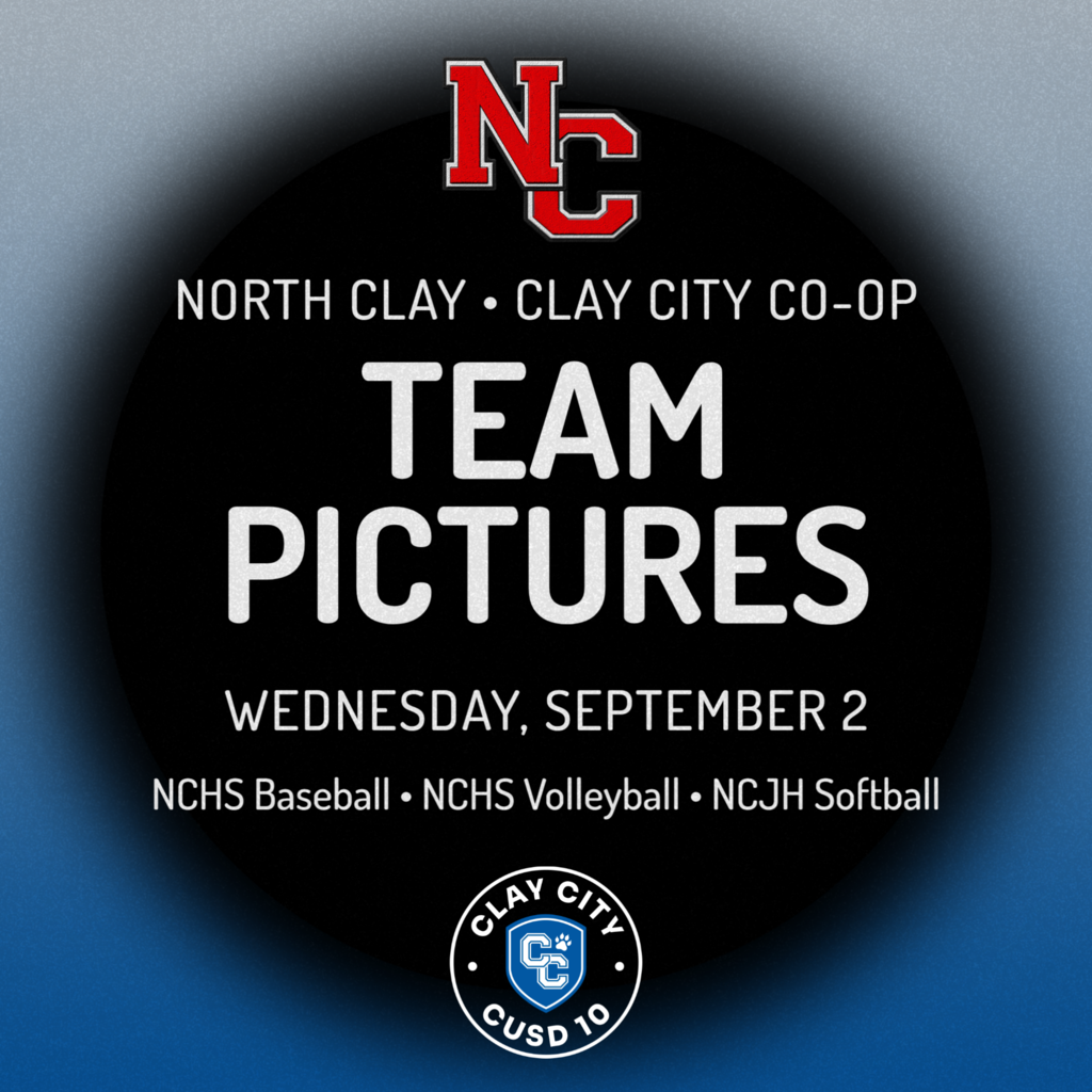 Clay City co-op athletes need to bring their uniforms with them to school on Wednesday, September 3 for team pictures at North Clay. This is needed for NCHS Baseball, NCHS Volleyball, and NCJH Softball students athletes at Clay City.