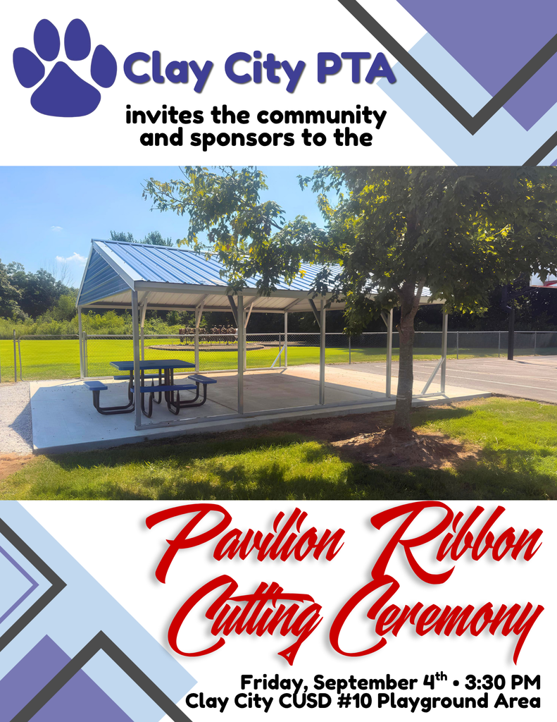 Join the Clay City PTA as they hold their Pavilion Ribbon Cutting Ceremony! The celebration will be held at the new pavilion on the school playground on Friday, September 4 at 3:30pm. The community and sponsors are invited to attend.