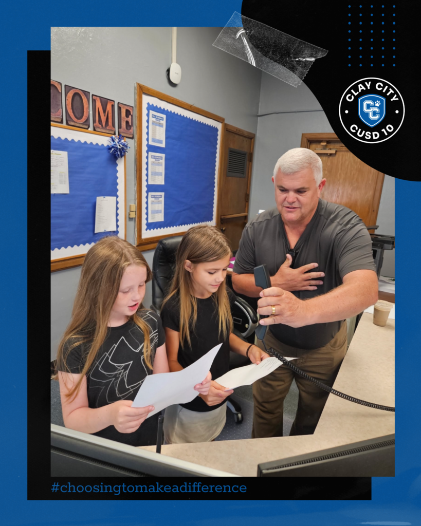 Clay City principal Mr. Wattles had some help with morning announcements earlier this week. Fourth graders Quinn B. and Aliyah G. lead the school in The Pledge of Allegiance over the intercom system. Great job girls!