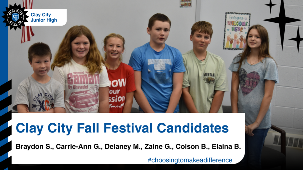 6th Grade: Queen Candidate Carrie-Ann Gill, King Candidate Braydon Schendel 7th Grade: Queen Candidate Delaney Martin, King Candidate Zaine Gibbons 8th Grade: Queen Candidate Elaina Bower, King Candidate Colson Barfield