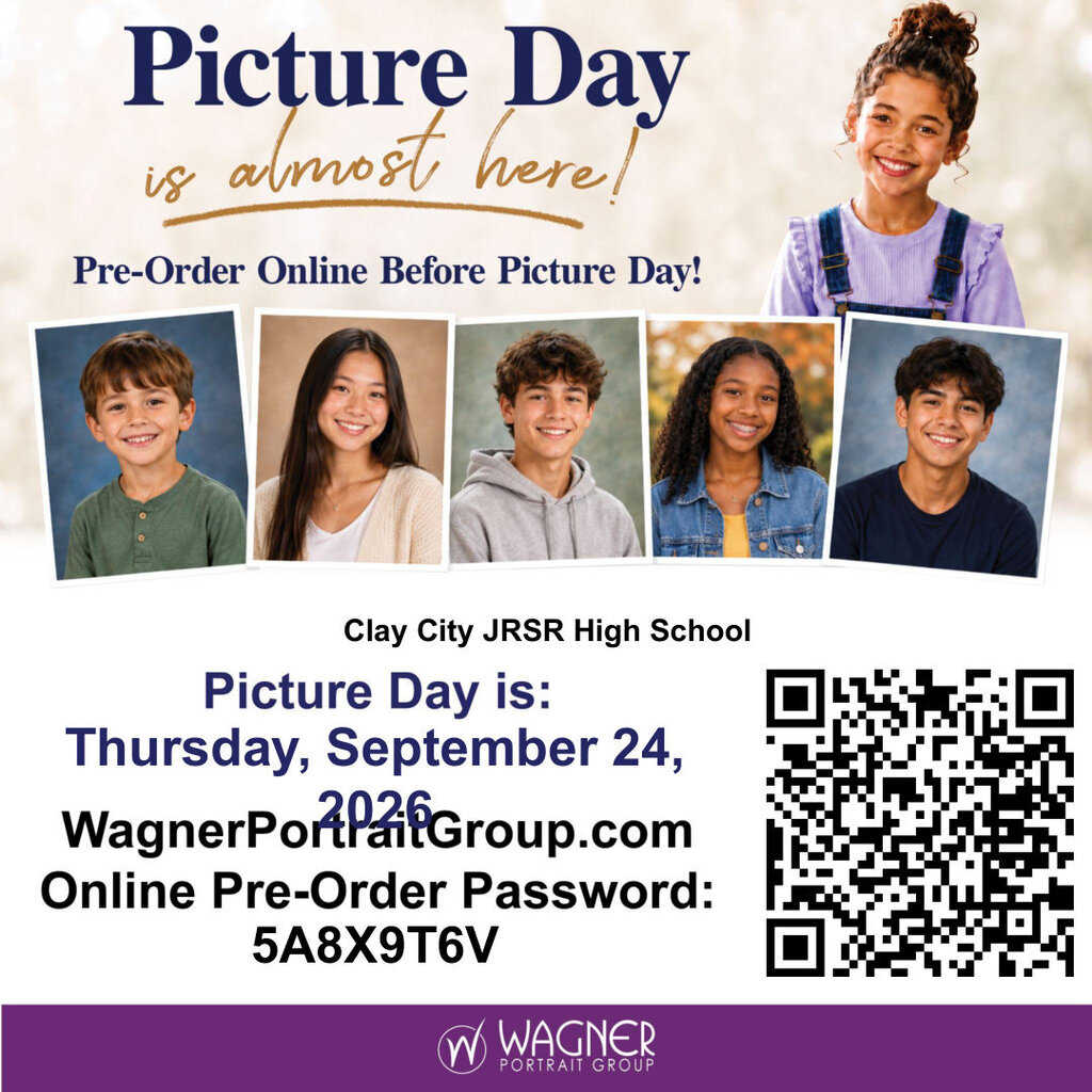 Picture Day is THURSDAY! Wagner Portrait Group will be here. Follow the links below to order your child's photograph. Be mindful that you are clicking the link tied to your child's specific building (elementary or junior high/high school). Clay City Elementary Pre-Order Online: www.WagnerPortraitGroup.com Pre-Order Password: 2B5P8Z5T Direct link: https://wagner.portraitpics.co/api/v2/keys/lookup/wagner?key=2B5P8Z5T Clay City JRSR High School Pre-Order Online: www.WagnerPortraitGroup.com Pre-Order Password: 5A8X9T6V Direct link: https://wagner.portraitpics.co/api/v2/keys/lookup/wagner?key=5A8X9T6V SENIORS: You will not be photographed on September 24 for anything other than your school ID card. Your senior portraits will be taken on Thursday, November 12.