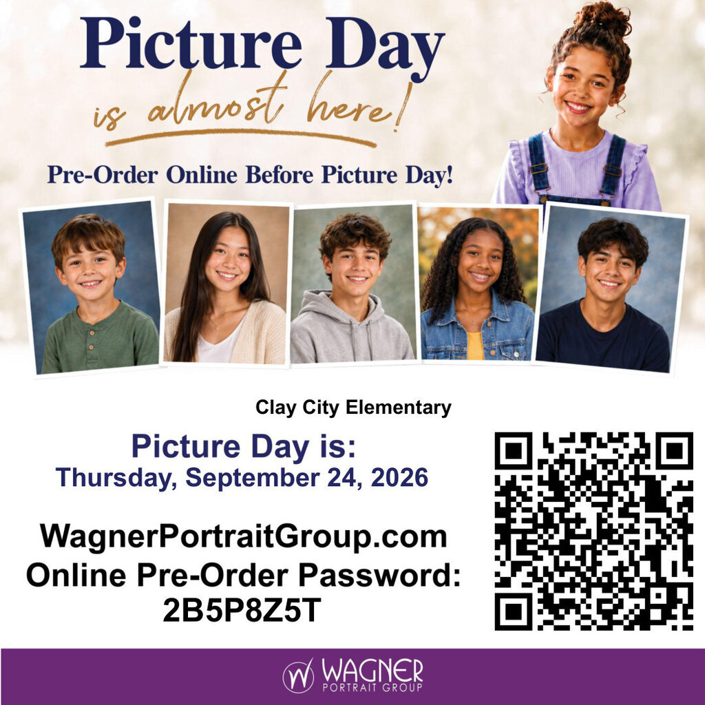 Picture Day is THURSDAY! Wagner Portrait Group will be here. Follow the links below to order your child's photograph. Be mindful that you are clicking the link tied to your child's specific building (elementary or junior high/high school). Clay City Elementary Pre-Order Online: www.WagnerPortraitGroup.com Pre-Order Password: 2B5P8Z5T Direct link: https://wagner.portraitpics.co/api/v2/keys/lookup/wagner?key=2B5P8Z5T Clay City JRSR High School Pre-Order Online: www.WagnerPortraitGroup.com Pre-Order Password: 5A8X9T6V Direct link: https://wagner.portraitpics.co/api/v2/keys/lookup/wagner?key=5A8X9T6V SENIORS: You will not be photographed on September 24 for anything other than your school ID card. Your senior portraits will be taken on Thursday, November 12.