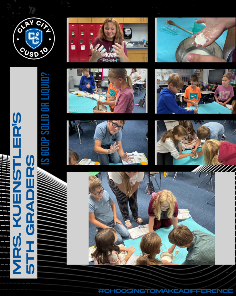 Mrs. Kuenstler and student teacher Mrs. Woodrow's fifth graders did a science experiment concerning whether goop is a solid or a liquid. Students made the goop with water and corn starch and were hands on with the concoction. The students then filled out a worksheet concerning their observations. Everyone likes a fun, hands-on science experiment!