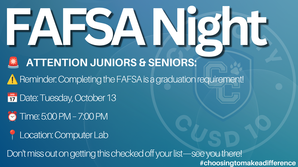 🎓 Juniors, Seniors, & Families 🎓  Get help with college funding at FAFSA Night! Representatives from ISAC and IECC Financial Aid will be on-site to help you create your StudentAid.gov account and complete your 2027–2028 FAFSA application.  ⚠️ Reminder: Completing the FAFSA is a graduation requirement!  📅 Date: Tuesday, October 13  ⏰ Time: 5:00 PM – 7:00 PM  📍 Location: Computer Lab  Don't miss out on getting this checked off your list—see you there!