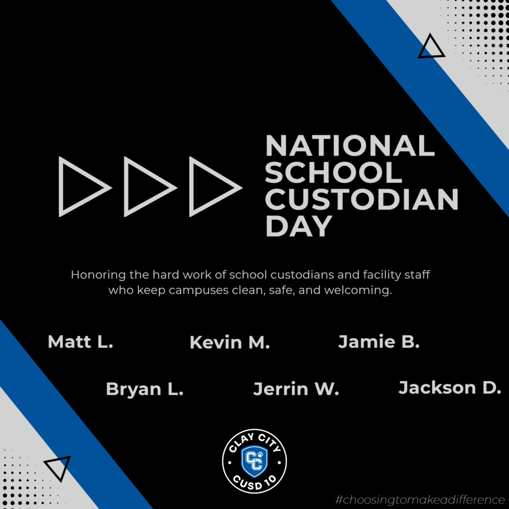 Today is National Custodian Day!  "National Custodian Day recognizes the vital work of custodians every October 2. These dedicated professionals ensure our schools, offices, and public facilities are clean, safe, and welcoming. Take time today to express your appreciation, offer a kind word, or support initiatives that uplift their essential contributions," (https://nationaltoday.com/national-custodian-day/).  We are so grateful for our custodial staff and all they do for us day to day at Clay City CUSD 10!