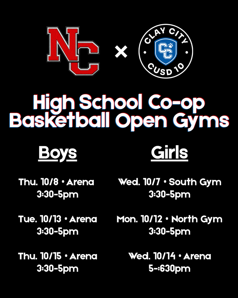 North Clay and Clay City High School Co-op Basketball begins open gyms this week for both boys and girls. Any high school student interested needs to sign-up in the high school office and should take note of the dates provided below. If you have any questions, please reach out to Mrs. Mitchel.