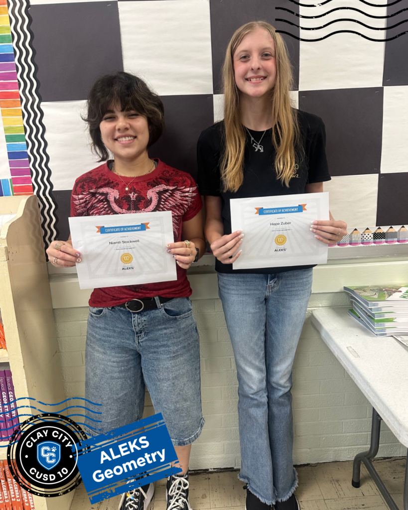 Calin S. and Hope Z. completed their entire Aleks program for Geometry. Each student works at their ability level to master 349 topics. This accomplishment is impressive at any time throughout the year but they finished before the end of first quarter. Great work Calin and Hope!!