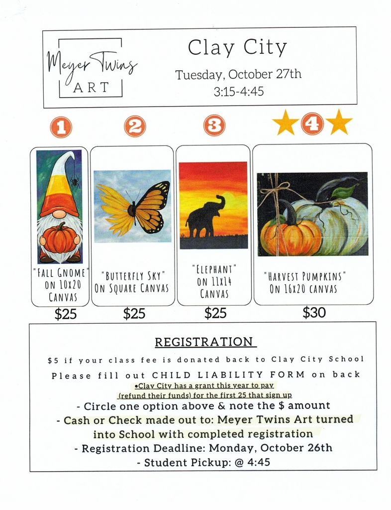 Meyer Art is ready to start another year of projects at Clay City Schools! Their first visit will be Tuesday, October 27 from 3:15-4:45pm. Registration is due by Monday, October 26. 