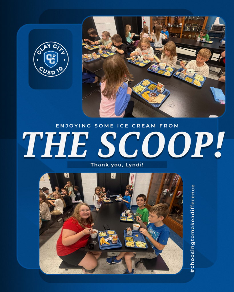 During lunch on Thursday, The Scoop on Main's owner Lyndi Thompson treated the students and staff at Clay City CUSD #10 to ice cream with toppings. The students and staff are grateful to Lyndi for sharing her delicious treats! Thank you to Lyndi and The Scoop for thinking of us!