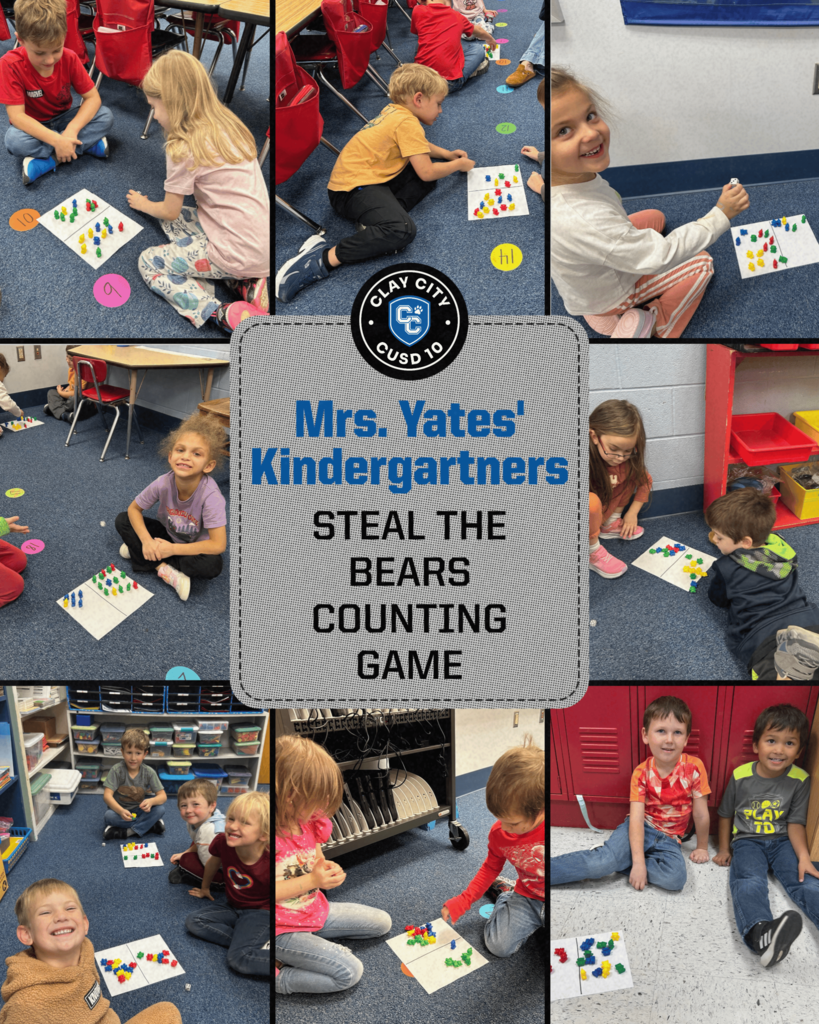 Students in Mrs. Yates' kindergartners get practice counting and recognizing sets on dice by playing a game called “Steal the Bears.”