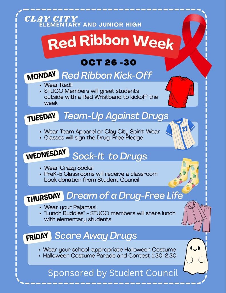 STARTING MONDAY - It's Red Ribbon Week! CCHS Student Council has a fun week planned for the students. Check out the schedule so that you may get your outfits and costumes ready!