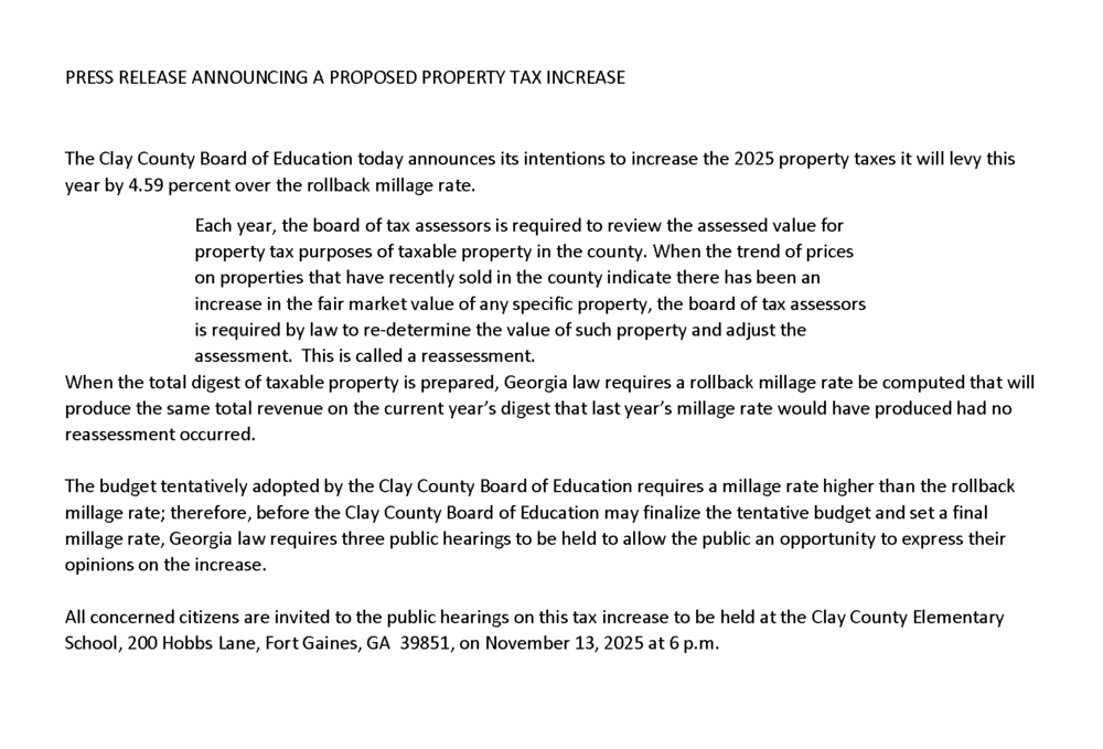 PRESS RELEASE ANNOUNCING A PROPOSED PROPERTY TAX INCREASE