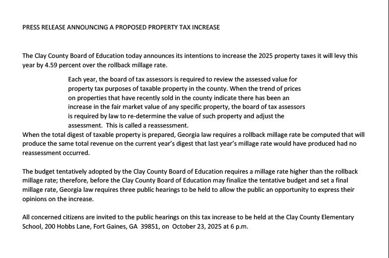 2025 Board of Education Press Release for Tax Increase
