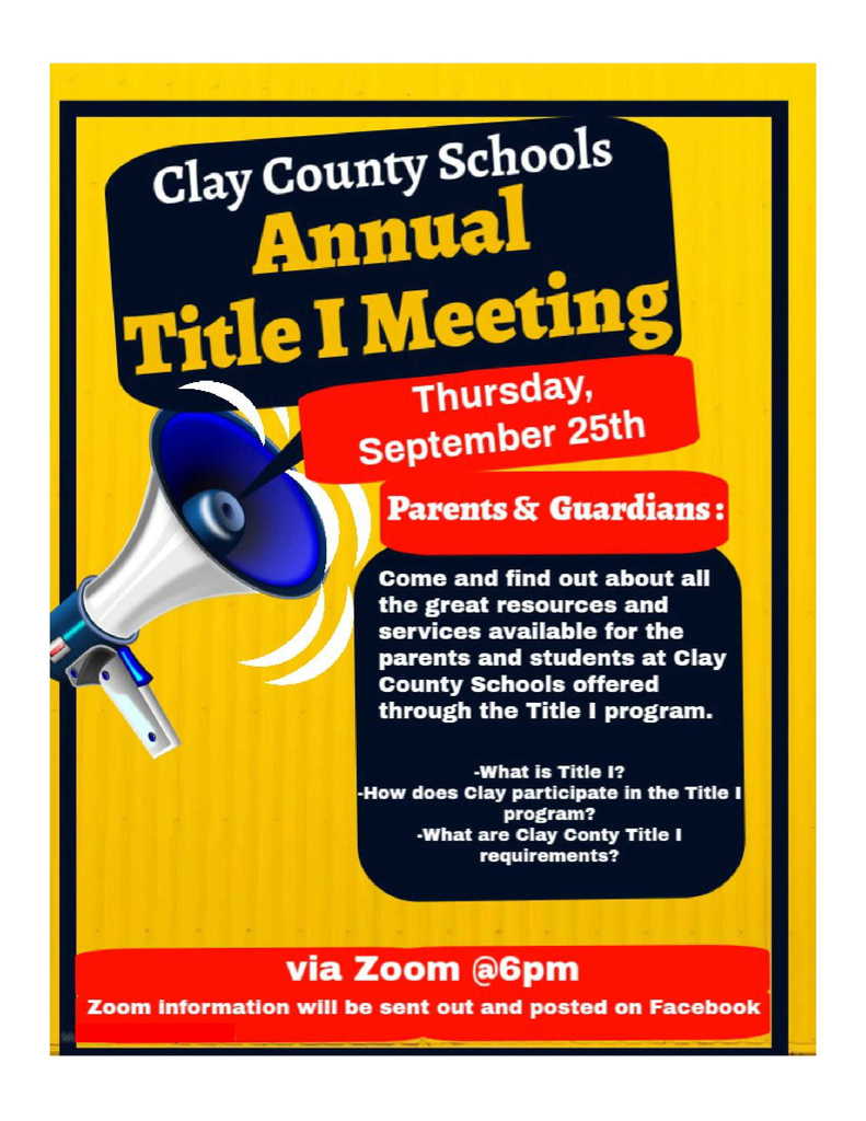 Annual Title I Meeting Thursday, September 25th, @6pm via Zoom