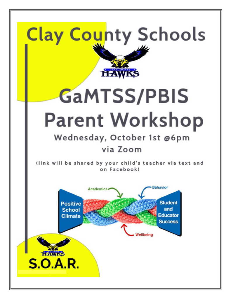 GaMTSS/PBIS Parent Workshop, Wednesday, October 1st, @6pm via Zoom